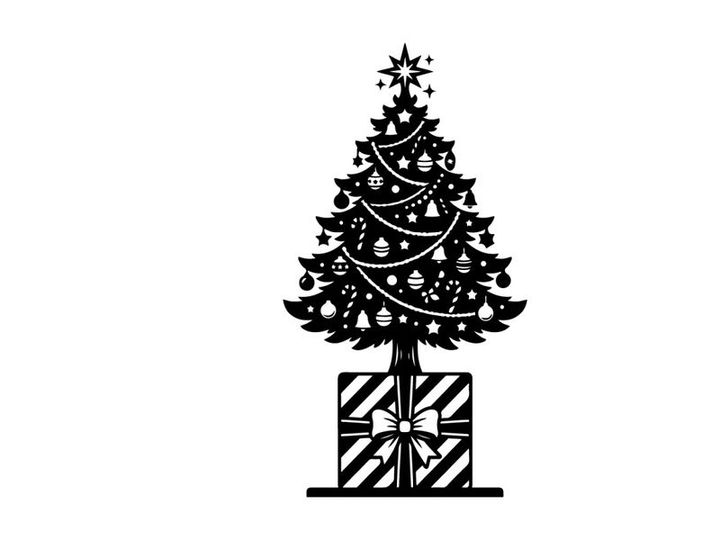 Black and white Christmas tree icon with gift box silhouette for holiday design projects