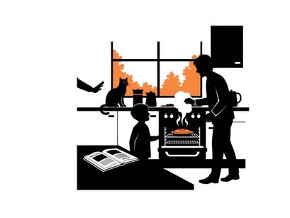 Silhouette of family in kitchen with burning house in background