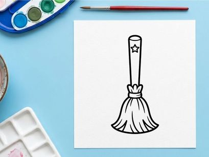Witch broomstick line art icon. Magic broom illustration for Halloween design projects.