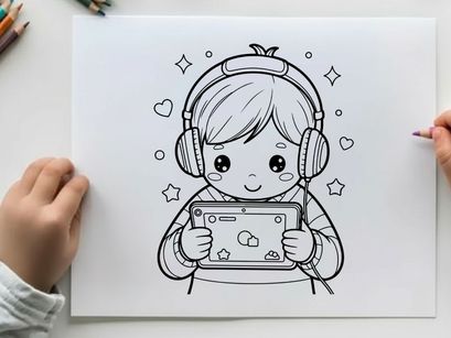 Cute girl listening music on tablet vector illustration