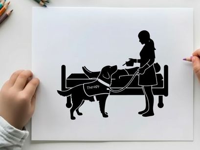 Silhouette of woman and service dog assisting person in bed
