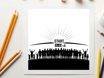 Silhouette of people at starting line with sunrise and text