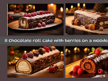 Chocolate roll cake with berries on a wooden board preview picture