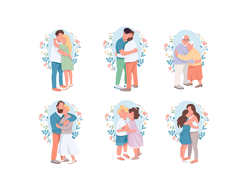 Hugging flat color vector faceless characters set
