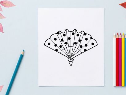 Ilustração de leque dobrável com bolinhas. Ícone de leque de mão decorativo com padrão preto e branco.