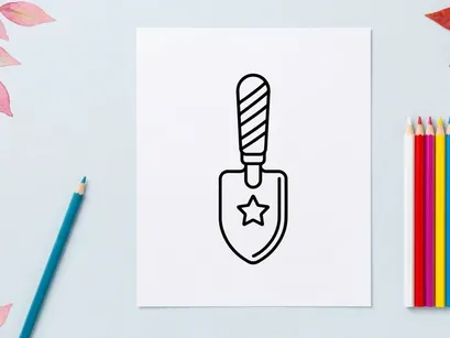 Halloween shovel icon for spooky season designs. Vector trowel with candy bucket and star for trick-or-treat graphics.