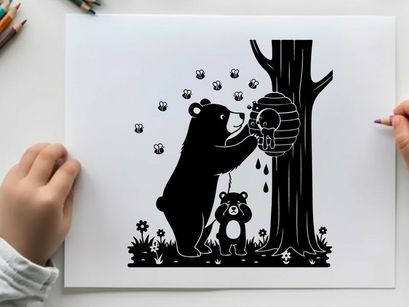 Silhouette of a bear and cub by a tree