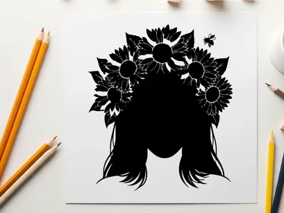 Silhouette of woman with sunflowers in her hair
