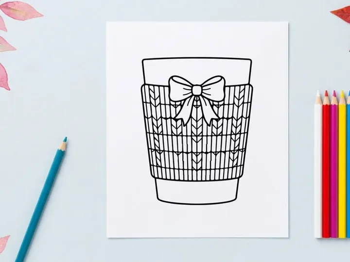 Christmas coffee cup with knitted cozy and bow line art illustration