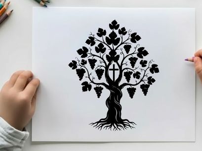 Silhouette of a grapevine tree with cross and roots