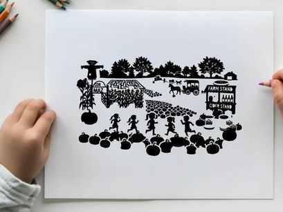 Silhouette of a lively autumn festival with people and pumpkins