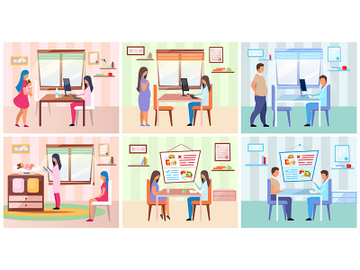 Family visiting nutritionist flat vector illustrations set preview picture