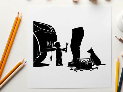 Silhouette of a boy and dog by a broken car with a toolbox