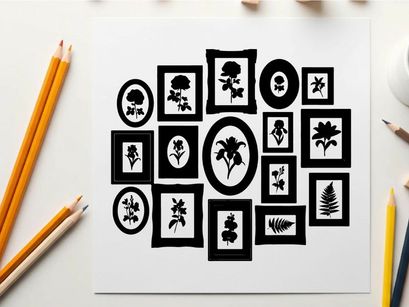 Silhouette of various framed floral and leaf designs
