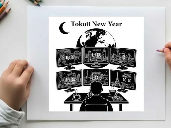 Silhouette of a man watching multiple screens on tokott new year