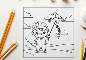 Boy flying kite vector illustration flat design kids activity