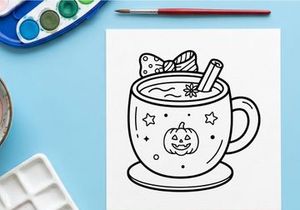Halloween pumpkin mug with marshmallow topping and candy stirrer. Spooky hot chocolate cup featuring jack-o-lantern face and whipped cream garnish.