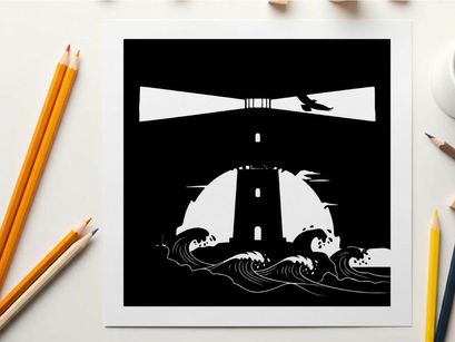 Lighthouse silhouette at sunset with american flag and seagull