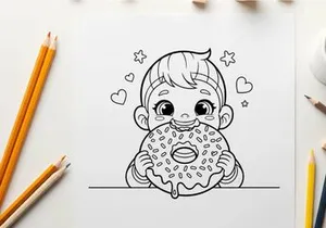 Cute baby eating donut with hearts vector illustration