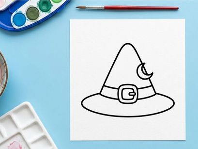 Minimalistischer Hexenhut-Ikone für Halloween-Designelemente. Einfache schwarze und weiße Illustration eines Zaubererhuts für Einladungen und Dekorationen.
