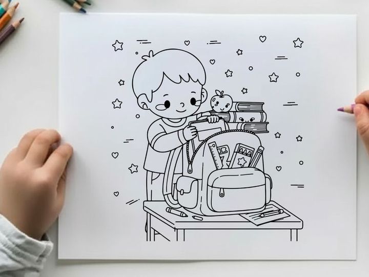 cute boy eating apple with books vector illustration