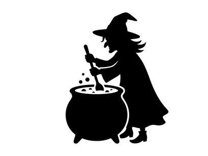 Silhouette of a witch stirring a cauldron in a magical setting