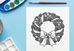 Christmas wreath line art illustration with pine branches and a decorative festive bow