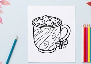 Linienkunst-Illustration einer Tasse mit Marshmallows und einer Schleife