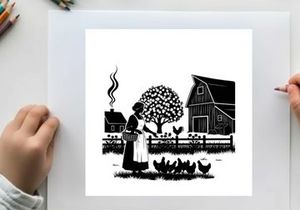 Silhouette of woman feeding chickens on a farm with barn and tree