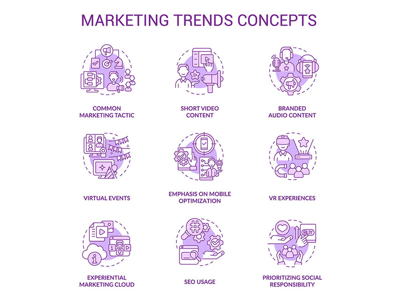 Marketing trends purple concept icons set