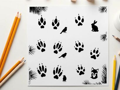 Animal silhouette patterns with pine needles and wildlife footprints