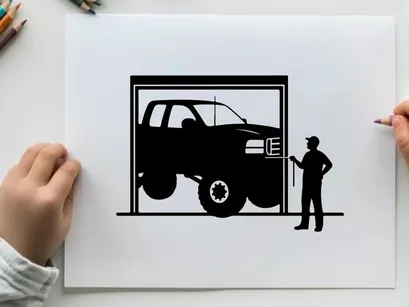 Silhouette of a man standing next to a large truck in a garage silhouette