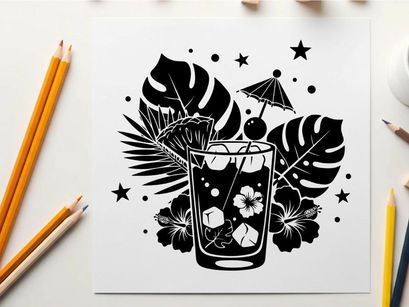 Silhouette of tropical cocktail with umbrella and palm leaves silhouette