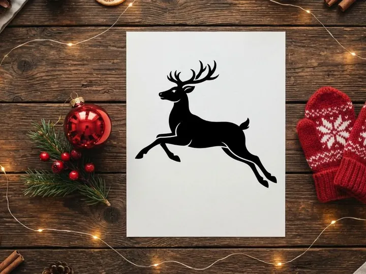 Silueta negra de un reno saltando aislado sobre fondo blanco para diseño navideño