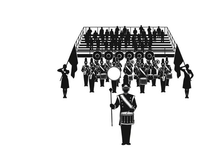 Silhouette of a marching band performing on bleachers with drum major leading