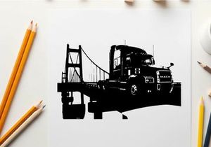 Silhouette of a semi truck driving across a suspension bridge