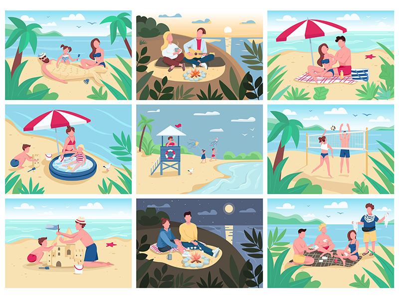 Beach activities flat color vector illustrations set