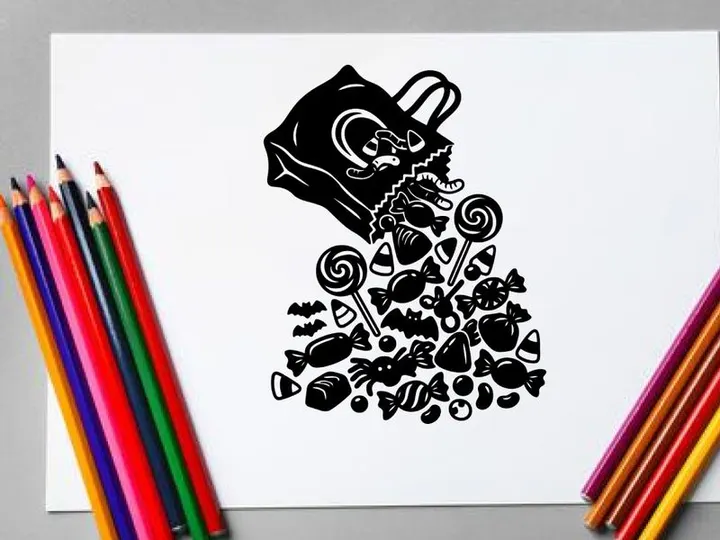 Schwarz-Weiß Zucker-Schädel-Illustration mit Blumen und Süßigkeiten