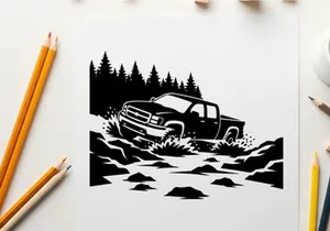 Silhouette of a pickup truck driving through a rugged terrain with a forest silhouette