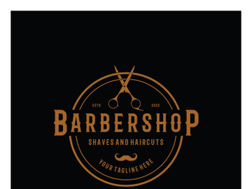 Barbershop logo vintage, retro, haircut, shaving, with scissors, shaving pole, comb, razor. for business, emblems, labels, barber shops, badges. preview picture