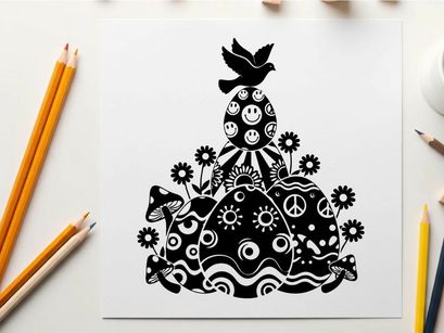 Black silhouette art of a smiling mushroom with flowers and peace signs