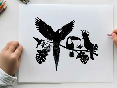 Tropical bird silhouette with exotic leaves and colorful avian friends silhouette