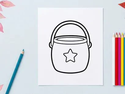 Halloween candy bucket line art. Trick or treat pail icon for holiday design projects.