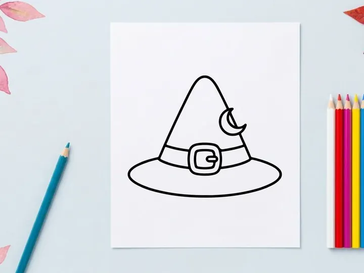 Minimalist witch hat icon for Halloween design elements. Simple black and white sorcerer hat illustration for party invitations and decorations.