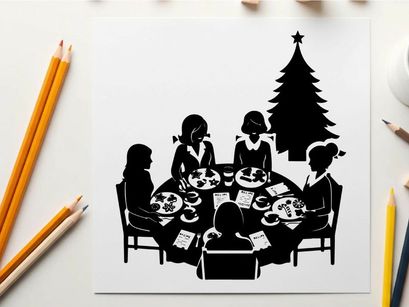 Family christmas dinner in silhouette with tree