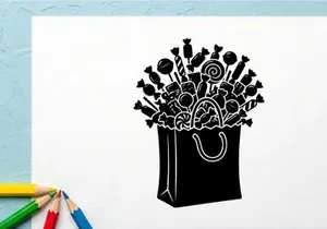 Black and white silhouette of a shopping bag filled with candies and sweets