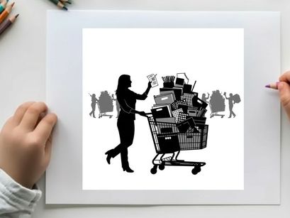 Silhouette of woman pushing overloaded shopping cart with groceries and household items