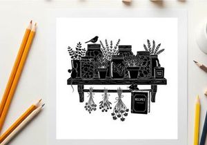 Silhouette of a bird on a shelf with potted plants and herbs