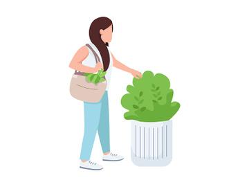 Female touching bush, nature lover, young girl and greenery flat color vector faceless character preview picture