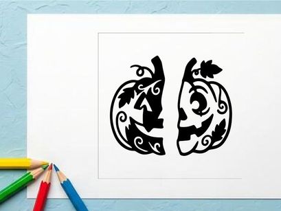 Decorative Halloween Pumpkin Face Illustration with Swirling Patterns